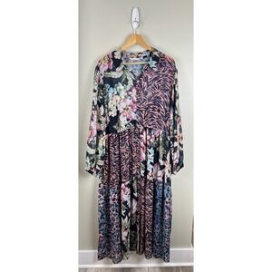 Soft Surroundings Dress Sz 2X Mixed Floral Animal Print Collared Long Sleeve
